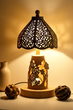 Create a product table lamp inspired by nyonya kebaya in wood material process laser cutting in off white background