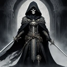 feature two central characters: a skeletal, death-like figure wearing a dark, hooded cloak, armed with swords, and adorned with intricate mechanical designs, and a pale, ghostly woman with flowing hair, wearing a tattered garment, who appears frightened or desperate. Ensure both characters are prominent and interact within the composition, capturing the contrast between the menacing, skeletal figure and the ethereal, ghostly woman.