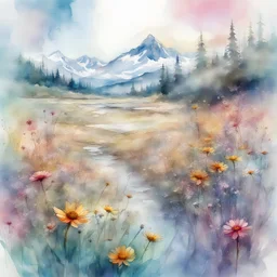 Digital colorful watercolor Illustration of a beautiful Vibrant flower meadow fantasy landscape, mountain river wildflowers butterflies in the morning light, by JB, Waterhouse :: Carne Griffiths, Minjae Lee, Ana Paula Hoppe, :: :: Stylized Splash watercolor art :: Intricate :: Complex contrast :: HDR :: Sharp :: soft :: Cinematic Volumetric lighting :: flowery pastel colours :: wide long shot