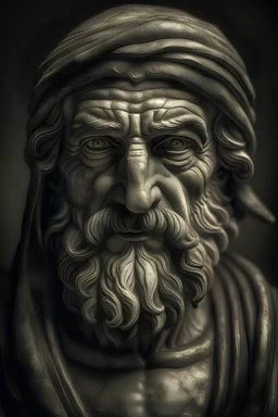 antiquity man, Xerces, mysterious aura, intense gaze, and enigmatic smile, symbolizing his deep spiritual power