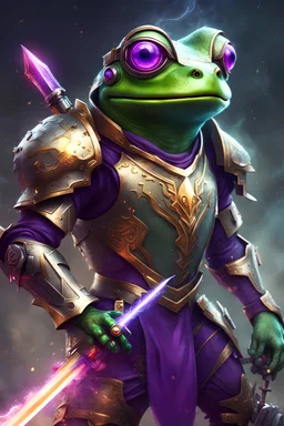 Frog Green Soldier Portrait Glow big red eye Gold Armor warrior fire Robotic lightning Silver Purple Smoke Dust 16k detailed epic future water sword weapon