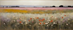 Euan Uglow style, impressionist field of flowers at dawn, mixed media. collage painting acrylic, pen and ink cross hatch, some black & white line drawing, mixed media, Monet impressionist colors, botanical elements