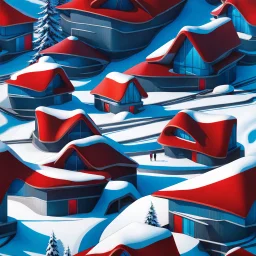 Aerial view Zaha Hadid style snow hut, digital art, hyper-detailed, red and blue colors, 8k oil painting