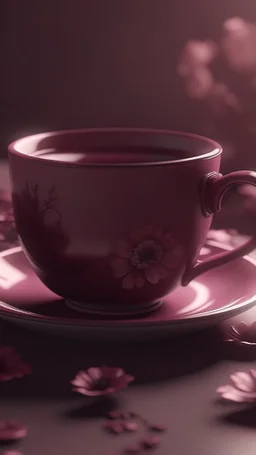 a cup of tea with a cup of flowers, in the style of light magenta and brown, monochromatic masterpieces, 32k uhd, refined aesthetic sensibility, soft yet vibrant, caffenol developing, barbiecore —ar 10:13 —s 750