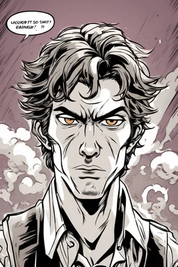 deranged young man with scruffy hair, stubble and a judgmental look on his face comic book style