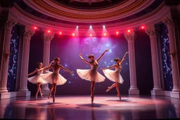 ballerianas perform in a very luxury ballet stage with animating lights and background