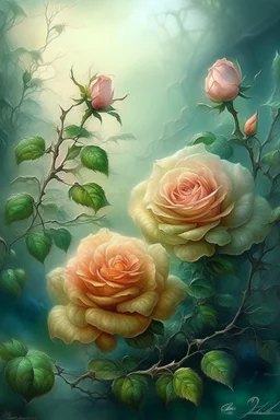 Watercolor, double Chinese rose bush, ultra-detailed, morning, rain, greenery, beautiful landscape, fog, many details, delicate sensuality, realistic, high quality, 3d, work of art, hyperdetalization, filigree, foggy haze background, hyperrealism, professional, transparent, delicate pastel tones, back lighting, contrast, fantastic, unreal, translucent, glowing, clear lines, epic fabulous, fabulous landscape, hyperrealism