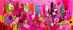 A pink city with flowers in abstract expressionism art style