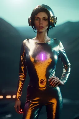 Ultra Realistic retro sci-fi scene, portrait, brunette woman, sweet Monica Belucci face, perfect iris, glow eyes, makeup. Alien Saturn background, Retro sci-fi style, helmet, tight latex coat, fog, rain, soft color, highly detailed, unreal engine 5, ray tracing, RTX, lumen lighting, ultra detail, volumetric lighting, 3d, finely drawn, high definition, high resolution.