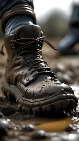 macro of the footprint of a soccer boot in the mud, shape of the plugs sunk and splashed into the mud, In the background chaotically misaligned warriors facing a beast that outnumbers them, dramatic effect with storm, wind, flying arrows, flames and lightning