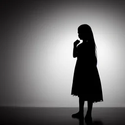 B/W A silhouette of girl between the age of 21-24 afraid white background