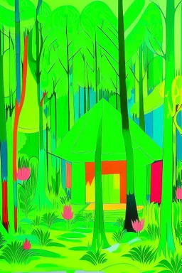 A neon green forest with huts designed in Chinese paper art painted by Henri Matisse