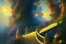 long stairway up to heaven, atmospheric, mystical, beautiful colours, romanticism, fantasy, Neo-Impressionism, fine art