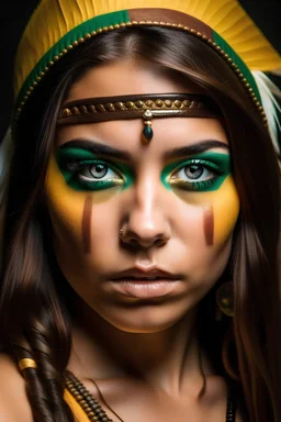 Beautiful girl with rainbow eyes, warrior, Native American, green and gold eyes, strong, sad, resilient, full body tough stance, photo-real