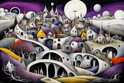 whimsical, weird ball-like houses stand in village in weird whimsical landscape with long bridges, , futur-surreal vibe with abstractions, around surreal cracked painted weird land with dark purple, gray, black, white, brown, and deep colors. style of Chagall , of Minjae Lee and Tim Burton, absurd beauty picture. weird bizarre absurd, nightmare, big neuron network background and thin bridges, surreal cinematic vibe