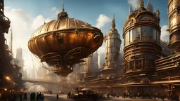 create a render: In a metropolis of steampunk wonders, envision a cityscape where towering skyscrapers of brass and iron pierce the skyline. Glide through this industrial marvel as airships, fueled by the rhythmic hum of mechanical ingenuity, gracefully navigate the spaces between these majestic structures. Inspired by the imaginative flair of Jorge Jacinto, picture a bustling steampunk world where the fusion of Victorian aesthetics and futuristic technology gives rise to a visually stunning urb