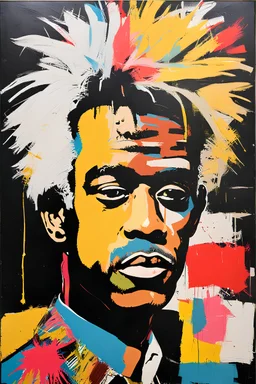 Create an abstract collage portrait of Andy Warhol, art by Jean michel basquiat, oil and acrylic painting, close-up, bizarre art, album cover art, whimsical, large brush strokes, flat colours, screenprint, oil stick, (white crayon outlines), (black grunge background), colourful, graphic marker pen, (neo-expressionism),rich colour palette, pop art, abstract portrait, expressive lines, graffiti street art, cgsociety, detailed, impasto, acrylic paint splatter, focused, abstract art, vivid,