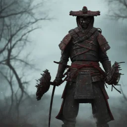 samurai in the blood walking into the flame of war, cinematic, HDR, highly detailed, mask cover whole face and hood, scull mask, ProPhoto RGB, Half rear Lighting, nsane details, intricate details, 32k, Super-Resolution, DOF, Color Grading, Depth of Field