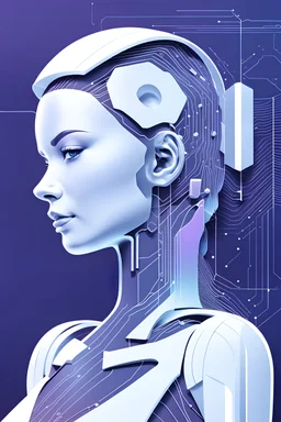 Sleek, futuristic fonts. Image depicting AI, profile of a female face and technology in a business context. A color palette featuring monochromatic shades with bold accent colors. Visuals representing innovation and connectivity, like neural networks or abstract digital art