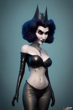 Lene Nystrøm as evil queen in black leather, busty, cleavage, voluptuous, Aqua Lene, angry, stern look. character design by cory loftis, fenghua zhong, ryohei hase, ismail inceoglu and ruan jia. unreal engine 5, artistic lighting, highly detailed, photorealistic, fantasy