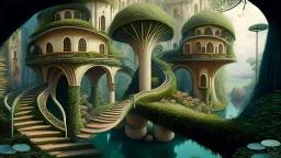 Gigantic mushroom village with balconies, archways, stairs, bridges, bushes, spanish moss, ivy, lake, a winding pathway through the middle