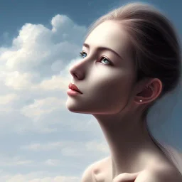 A woman looking at the clouds potrait sadly, realistic, digital art