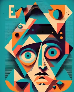 geometry abstract ,2d , soft colors, Malevic style, dark, typographic character ELVIS and "BIG EYES"