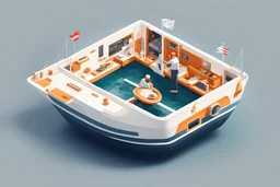 corporate logo style, isometric illustration, a man stands at the front of the boat and turns the steering wheel, white background, low detail