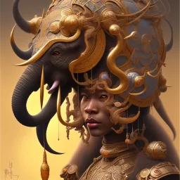 Sango fantasy, fantasy magic, intricate, sharp focus, illustration, highly detailed, digital painting, concept art, matte, art germ and Paul Lewin and Kehinde Wiley, masterpiece black elephant head bronze monkey Asian African girl nice breast Hawaiian hair turquoise golden waves