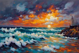 John Lowrie Morrison oil impasto painting tufting tapestry stormy sea shores, in portrait studio