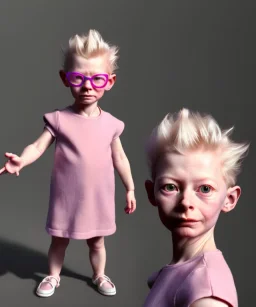 Tilda swinton toddler, full body, shoe, dress, soft skin, dramatic lighting, hyper realistic