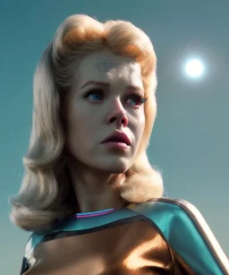 Ultra Realistic retro sci-fi movie, people, classic ovni, 1960 year, waist up view portrait, blonde woman, sweet teenager Jane Fonda face, perfect cyan iris, glow eyes, face makeup, tight latex coat, retro glass helmet, Retro sci-fi style, soft color, highly detailed, unreal engine 5, ray tracing, RTX, lumen lighting, ultra detail, volumetric lighting, 3d, finely drawn, high definition, high resolution.