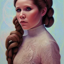 square framed complete and ultra realistic detailed head to waist stunning portrait of young carrie fisher as Princess Leia with realistic hairstyle by Mandy Jurgens and mucha and Richard Schmid and chuck close and chie yoshii, extraordinary and detailed ceremony dress of star wars,brown eyes