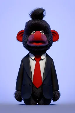 Waist up muppet Portrait, Kim Jong-un as muppet doll, black suit, photo studio, red background, unreal engine 5, concept art, art station, god lights, ray tracing, RTX, lumen lighting, ultra detail, volumetric lighting, 3d.