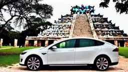 A Tesla's 'Model S Plaid' is parked, at Chichen Itza, in Mexico. CINEMATIC. WIDE ANGLE LENS. CINEMATIC. WIDE ANGLE LENS.