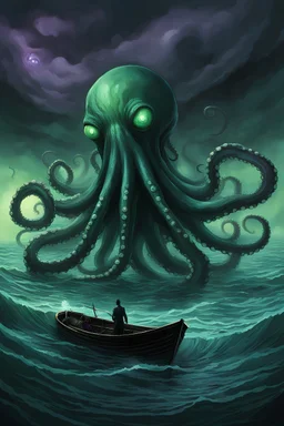 A gigantic octopus-like creature rises from the ocean depths, its tentacles reaching out to the sky. A small boat with a lone figure rows away in terror. The creature's eyes are glowing green, and its skin is a deep purple. The water is dark and murky, and the sky is stormy in gothic style