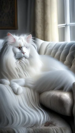 White cat, long hair, sitting on a sofa hdr