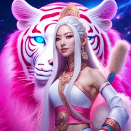 (masterpiece, best quality, 8k, RAW photo, beautiful and aesthetic:1.2), complex detail, Indirect light, photorealistic, (((full body))), 2 Gorgeous Cosmic asian goddess smiling, long curved white hair, blue eyes, Mixed, sci-fi and traditional asian outfit with pink velvet and white furs, riding a white tiger in a colorfull Sci-Fi environment with bokeh