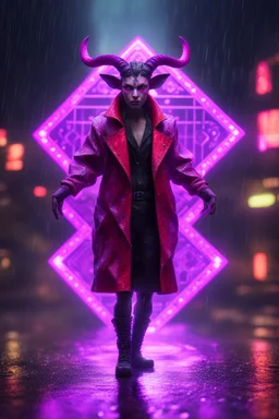 Volumetric satyr lights,paradise sacred geometry framed playing card, black, red, spore and purple neon cyber punk dancer thief in soaked rain coat shadows boss card in the style of escher and fallout 4 ,,bokeh like f/0.8, tilt-shift lens 8k, high detail, smooth render, down-light, unreal engine