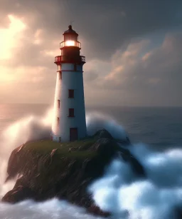 Fantasy light house, unreal engine, waves crashing, hi def, lifelike