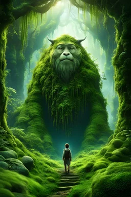 A giant rising from a age old slumber, his eyes are huge and wise, he has a sleepy expression ,his body overgrown with moss and vegetation, looking at small human ,as seen from behind the human,lush phantasy setting, fantastical world build, immaculate resolution, immaculate details,8K quality, animals frolic around