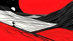 An abstract and ultra minimalist design poster by Moebius and Kuniyoshi of a red, black and white desert landscape.