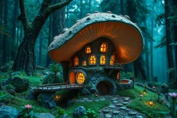 Ultra realistic photo of a magical fairy house built inside a giant mushroom, glowing windows, tiny bridges, enchanted forest surroundings, fantasy architecture, realistic textures, whimsical atmosphere, cinematic lighting, ultra detailed, enchanting colors, HOF, full size, (((realism, realphoto, professional photography, DSLR camera, photorealistic, 64k, masterpiece)))