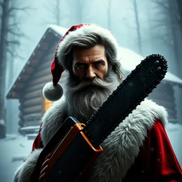 Ash Williams from the Evil Dead series dressed as Santa with a Santa white beard posed dramatically against a dim log cabin in the fog, chainsaw for a hand, CGI, grainy visceral movie poster