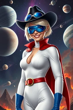 Karen Starr, full body, young athletic white female, crew cut bleach-blonde hair, thin, blue goggles over eyes, black cowboy hat, semi-pointed chin, muscular build. Wearing white long-sleeved bodysuit with high collar with plunging neckline, blue elbow gloves, red belt with gold buckle, red cape, blue knee boots. Big smile. Background: outer space, planets, stars, galaxies, fire, explosions, volcanic lava, craggy peaks. Photorealistic