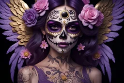 beautifull girl sugarskull,whit tattoo, pretty eyes, big wings, photography, volumetric lighting, ultra-detailed photography, black background, Perfect anatomy, super high resolution + UHD + HDR + highly detailed, hyperrealistic, dynamic lighting, purple, gold, PINK colors, STARS BACK AND MOON, FLOWERS PURPLE ARROUND