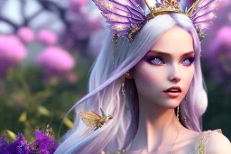 Fantasy cute fairy with wings, smiling, make up, long blond platinum hair, blue eyes, crown, beautiful dress, flowers in background, HQ, unreal engine