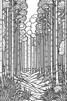 A peaceful forest glade with dappled sunlight filtering through the trees represents the tranquility and freedom found in nature.coloring book page, simple and clean line art, adult drawing book, black and white, crisp black lines, no shades, sharp lines, coloring book for adults, cartoon style, landscape