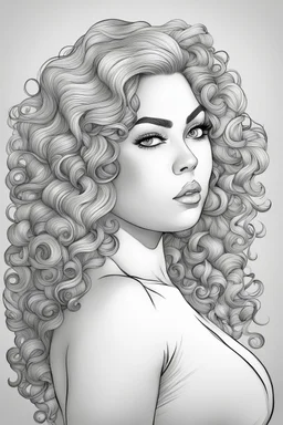 Create a coloring page of a beautiful curvy female looking to the side with curly hair. No shading, No color, clean lines