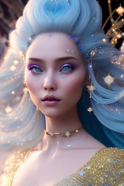 woman glitter blue fairy in a galactic ambiance, long blue hair, detailed gorgeous smile, delicate colors in the foreground, full of details, smooth, light effect，vaporwave colorful, smooth, extremely sharp detail, finely tuned detail, ultra high definition, 8 k, unreal engine 5, ultra sharp